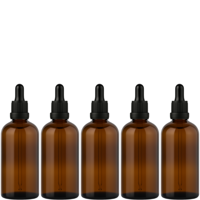 Frasco âmbar com conta-gotas PREMIUM R18 - 100 ml (unitário ou kit) Preto / Branco / Verde