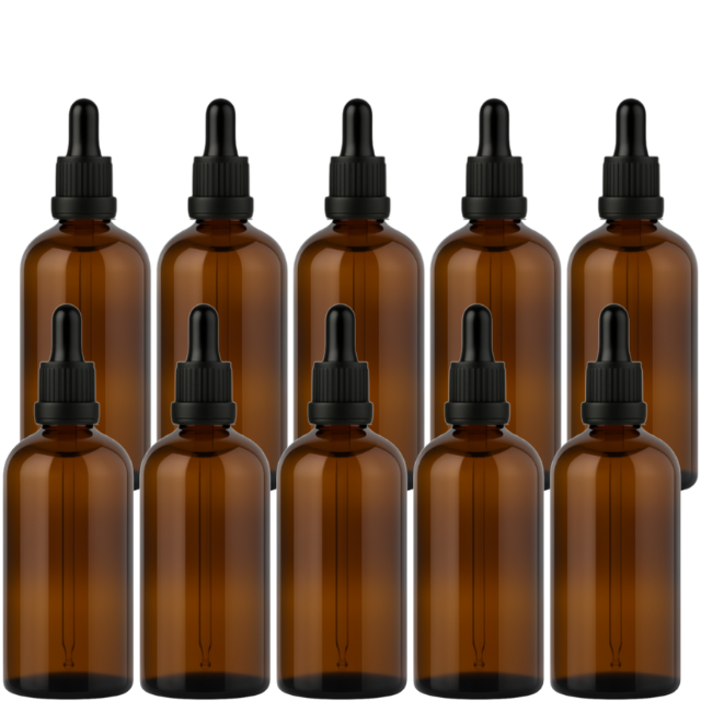 Frasco âmbar com conta-gotas PREMIUM R18 - 100 ml (unitário ou kit) Preto / Branco / Verde