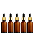 Frasco âmbar com conta-gotas dourado e bulbo preto R18 - 30 ml para óleos essenciais, sinergias e fórmulas cosméticas