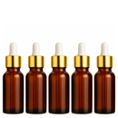 Frasco âmbar com conta-gotas dourado e bulbo branco R18 - 15 ml para óleos essenciais, sinergias e fórmulas cosméticas