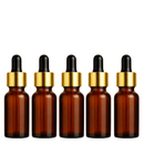 Frasco âmbar com conta-gotas dourado e bulbo preto R18 - 10 ml para óleos essenciais, sinergias e fórmulas cosméticas