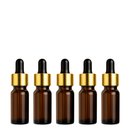 Frasco âmbar com conta-gotas dourado e bulbo preto - 5 ml para óleos essenciais, sinergias e fórmulas cosméticas