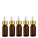Frasco âmbar com conta-gotas dourado e bulbo branco R18 - 5 ml para óleos essenciais, sinergias e fórmulas cosméticas