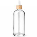 Frasco transparente com conta-gotas madeira e bulbo branco - 100 ml — ideal para aromaterapia, óleos terapêuticos e cosmética