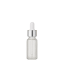 Frasco vidro transparente fosco R18 conta-gotas luxo tampa prateada e bulbo branco 10 ml