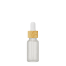 Frasco vidro transparente fosco R18 conta-gotas tampa madeira bulbo branco 10 ml
