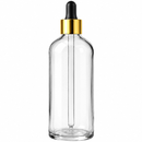 Frasco vidro cristal R18 conta-gotas luxo tampa dourada bulbo preto 100 ml