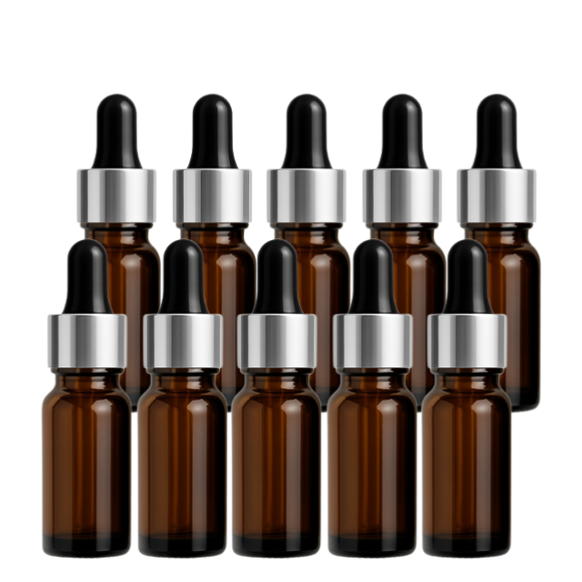 Frasco âmbar com conta-gotas prateado e bulbo preto - 5 ml (unitário ou kit)