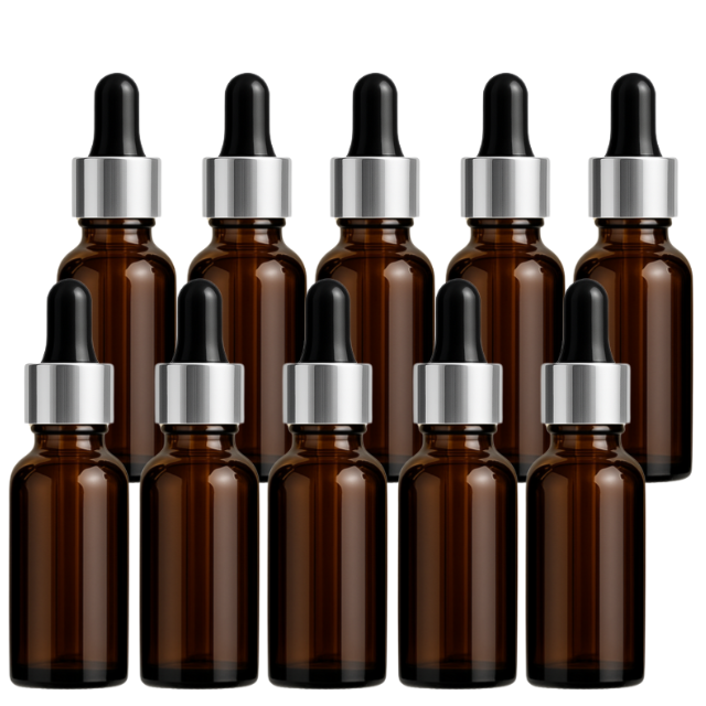 Frasco âmbar com conta-gotas prateado e bulbo preto - 20 ml (unitário ou kit) (cópia)