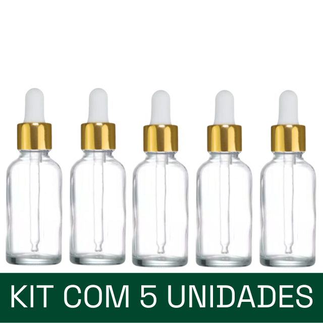 Frasco transparente com conta-gotas dourado e bulbo branco - 30 ml (unitário ou kit)