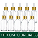 Frasco transparente com conta-gotas dourado e bulbo branco R18 - 30 ml (unitário ou kit)