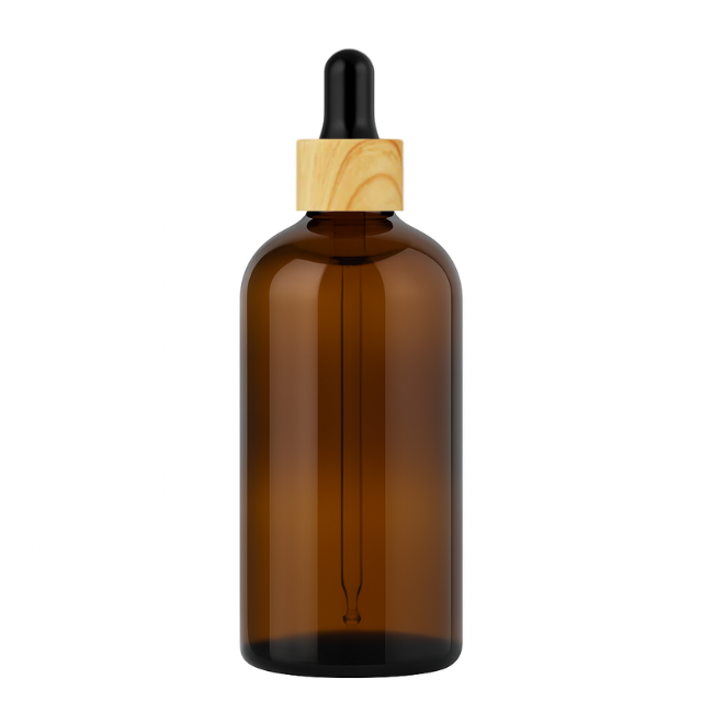 Frasco âmbar conta-gotas tampa madeira bulbo preto R18 - 100 ml (Unidade ou kit)