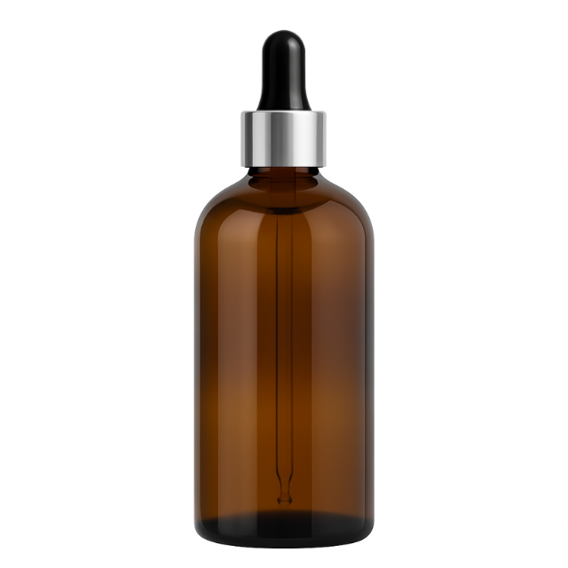 Frasco âmbar conta-gotas tampa prateada bulbo preto  R18 - 100 ml (Unidade ou kit)