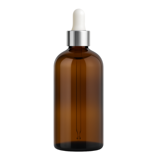 Frasco âmbar conta-gotas tampa prateada bulbo branco R18 - 100 ml (Unidade ou kit)