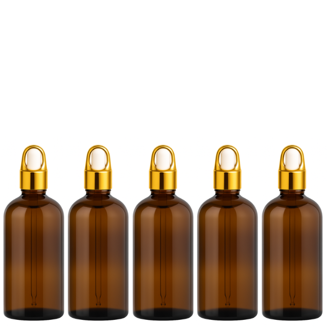 Frasco âmbar com conta-gotas cesta dourado bulbo branco R18 - 100 ml (Unidade ou kit)