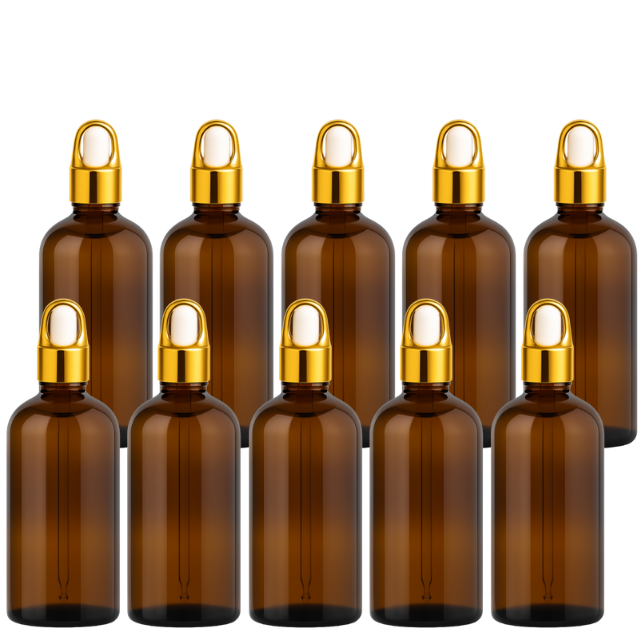 Frasco âmbar com conta-gotas cesta dourado bulbo branco R18 - 100 ml (Unidade ou kit)