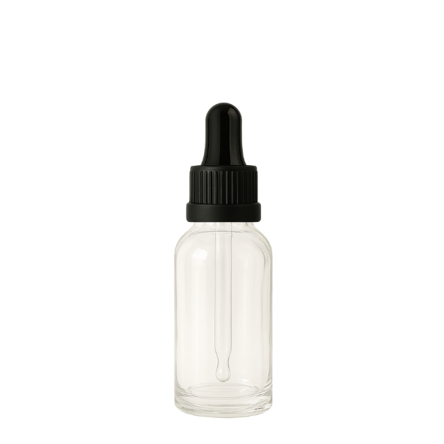 Frasco 30 ml de vidro transparente conta-gotas tampa preta com lacre 