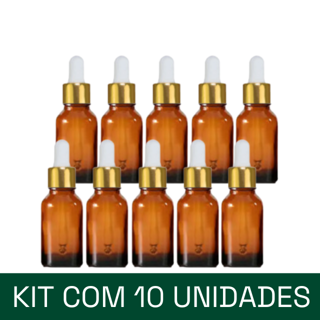 Frasco âmbar com conta-gotas dourado e bulbo branco - 30 ml (unitário ou kit)