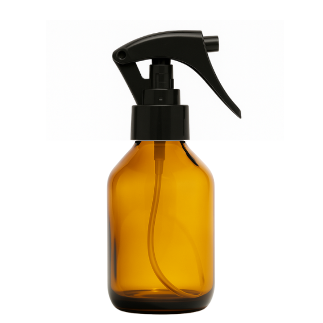 Frasco em vidro âmbar com válvula spray mini gatilho - 150 ml