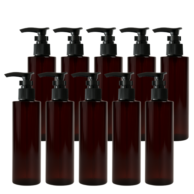 Frasco PET âmbar ombro RETO com válvula PUMP - 250 ml (kit ou unidade)