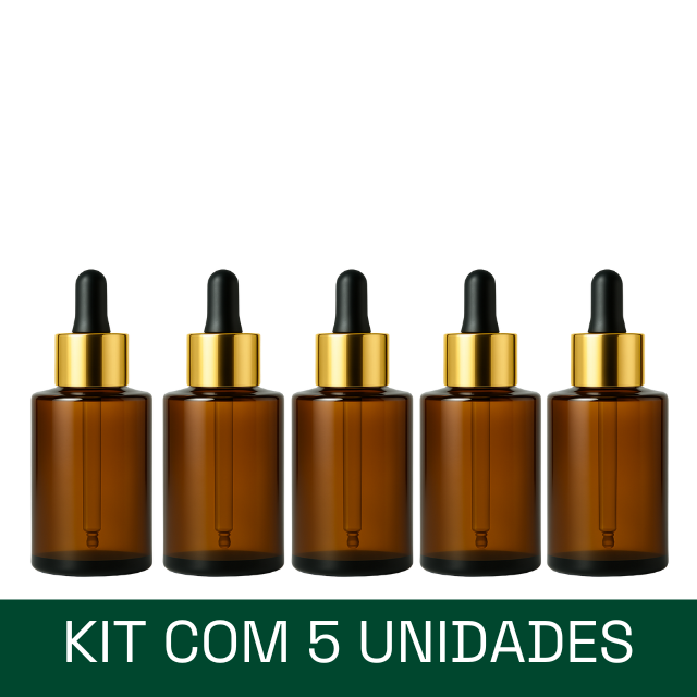 Frasco âmbar ombro RETO conta-gotas dourado e bulbo preto - 30 ml (unitário ou kit)