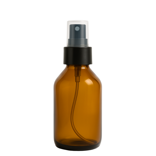 frasco de vidro ambar de 100 ml com valvula spray preta