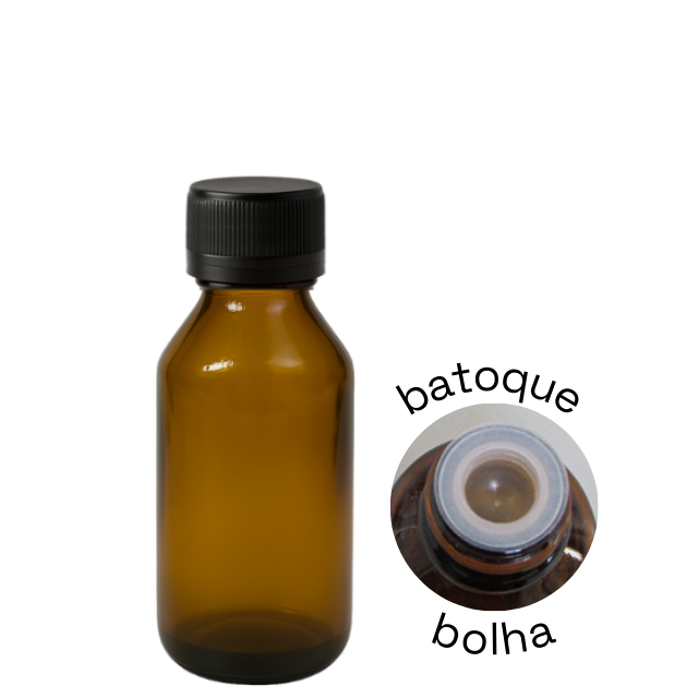 Frasco em vidro âmbar com tampa lacre e batoque bolha R24 - 60 ml