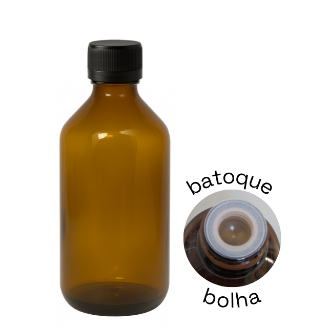 Frasco em vidro âmbar com tampa lacre e batoque bolha R24 - 200 ml