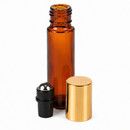 Frasco âmbar 10 ml rollon aberto com esfera de inox e tampa dourada