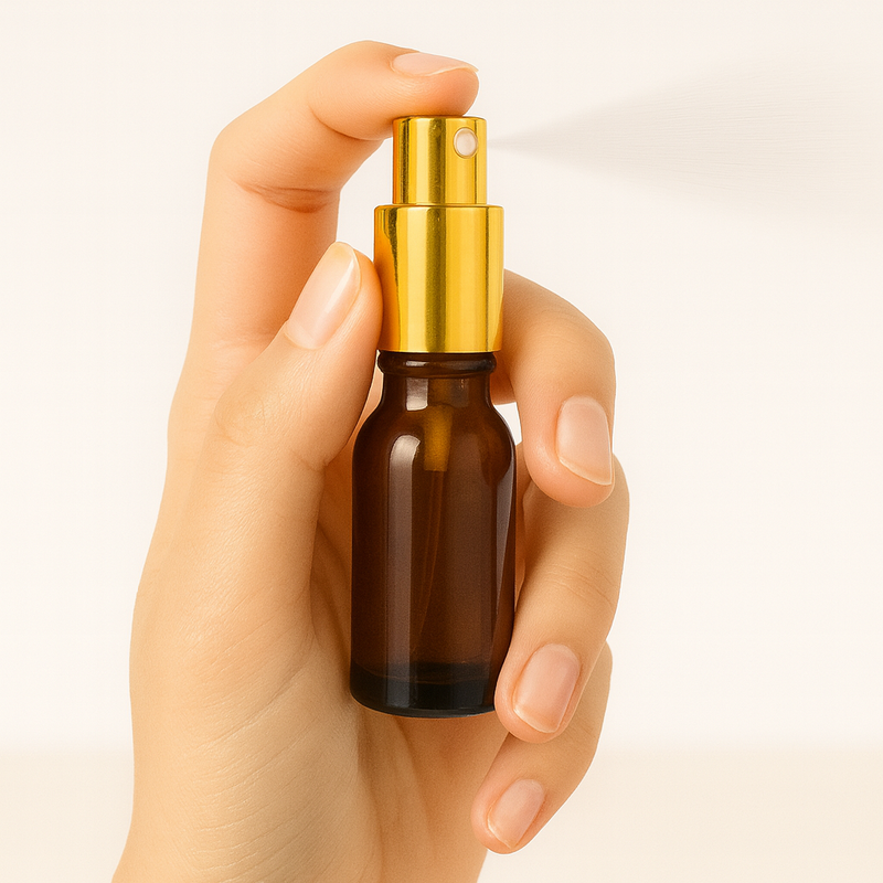 Frasco em vidro âmbar com válvula spray dourada - 10 ml (unidade ou kit)