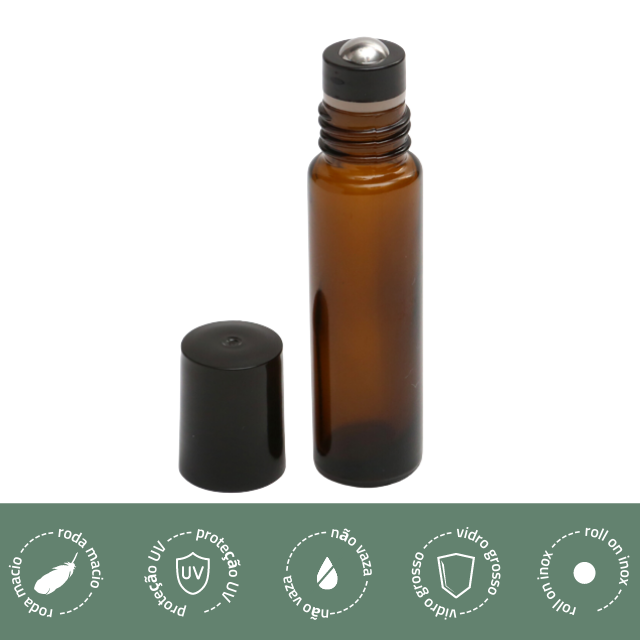 Frasco âmbar roll-on de inox - 10 ml - PREMIUM (kit ou unidade)